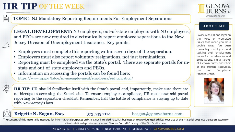 HR Tip of the Week regarding NJ Mandatory Reporting Requirements For Employment Separations